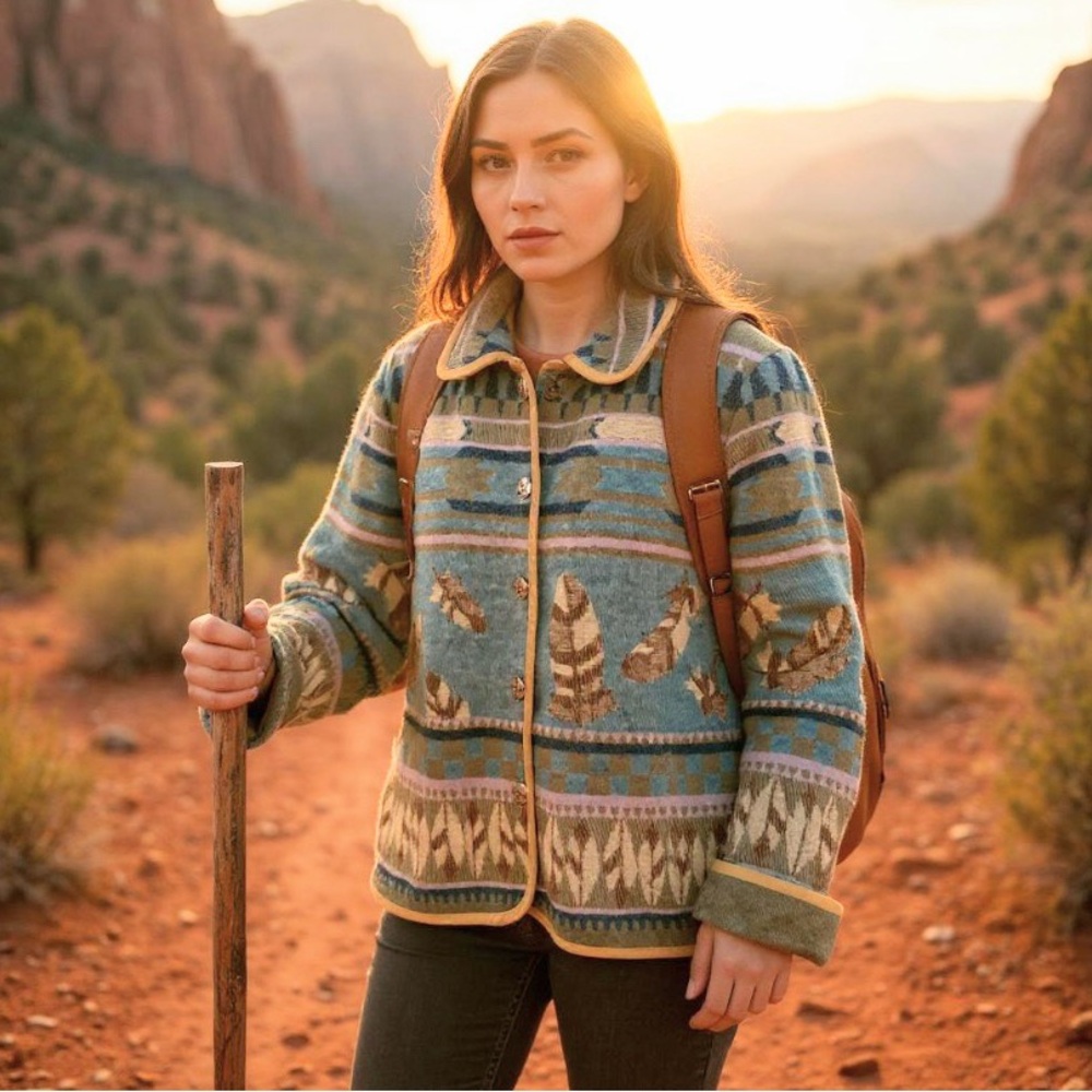 Coldwater Creek Southwestern Tribal Patterned Jacket with Feather Design XL - Picture 2 of 11